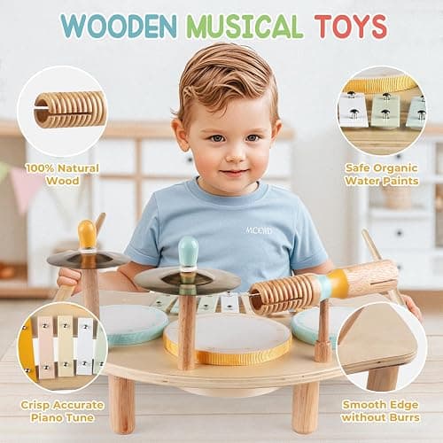 Kids Drum Set Montessori Musical Instruments for Toddlers 1-3, Wooden Baby Drum Kit with Xylophone, Preschool Music Toys for Early Learning, Educational Birthday Gift for Boys Girls (Multicolored) thumbnail 2