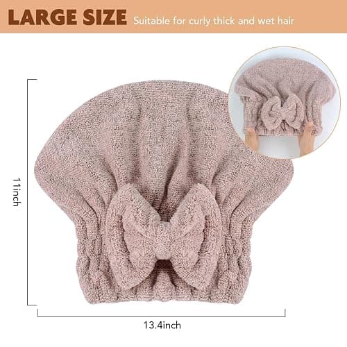 SUNLAND Large Microfiber Hair Drying Caps with Bow knot Fast Drying Shower Cap Soft and Absorbent hairWrap Hair Turban Bath Caps for Curly Thick and wet Hair 11 X 13.4 inch 2 Pack Brown thumbnail 5