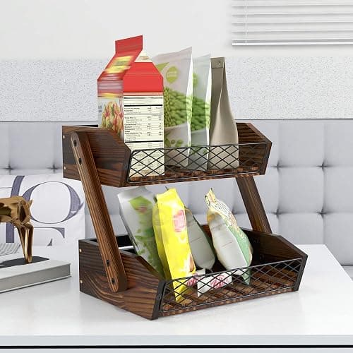 Dorhors Fruit Basket for Kitchen Counter Organizer,Fruit Bowl Stand Storage | 2 tier Rustic Brown Vegetable Holder,Wood Bread Display Rack,Kitchen Countertop Organizer Shelf for Snack,Onion,Banana,Potato thumbnail 7