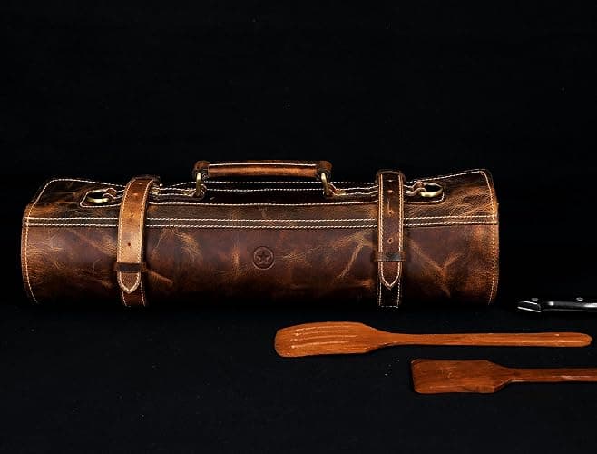 Aaron Leather Goods Vendimia Estilo Leather Knife Roll Storage Bag, Elastic and Expandable 10 Pockets, Adjustable/Detachable Shoulder Strap, Travel-Friendly Chef Knife Case Roll (Caramel, Leather) thumbnail 10