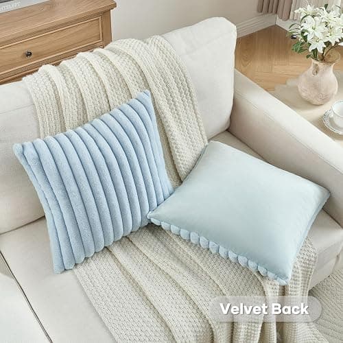 FUTEI Light Blue Striped Decorative Throw Pillow Covers 18x18 Inch Set of 2,Square Winter Decorations Couch Pillow Case,Soft Cozy Faux Rabbit Fur & Velvet Back,Modern Home Decor for Bed thumbnail 4