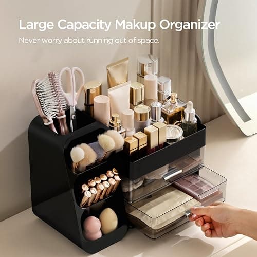 HBlife Makeup Organizer with Brush Holder for Vanity, Large Plastic Bathroom Countertop Organizer Cologne Organizer for Men, Easy to Store Lipsticks, Nail Polishes, Perfumes, Eyeshadow Palettes, Black thumbnail 4
