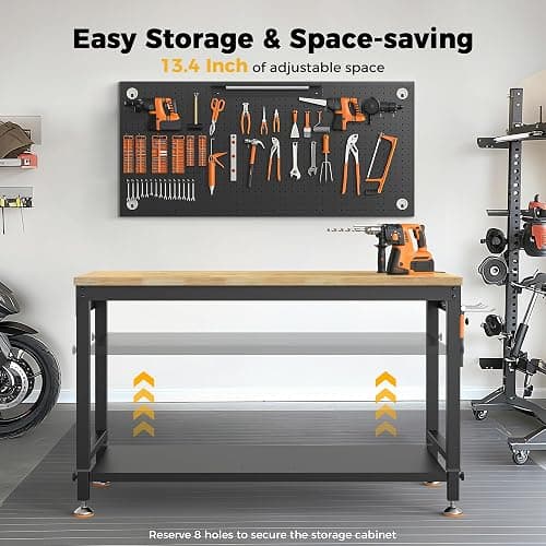 CAMMOO 48" Heavy Duty Work Bench Adjustable Height Max Load 2000 LBS with Storage Shelf for Garage Workbench, Rubberwood Tabletop with Pegboard, LED Light, Built-in Power Strip for Woodworking Shop thumbnail 8
