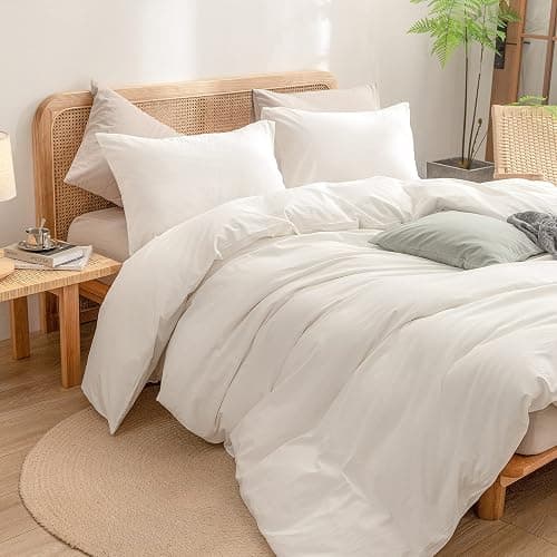 BESTOUCH Duvet Cover Set 100% Washed Cotton Linen Feel Super Soft Comfortable Chic Lightweight 3 PCs Home Bedding Set Solid Off White Queen thumbnail 5