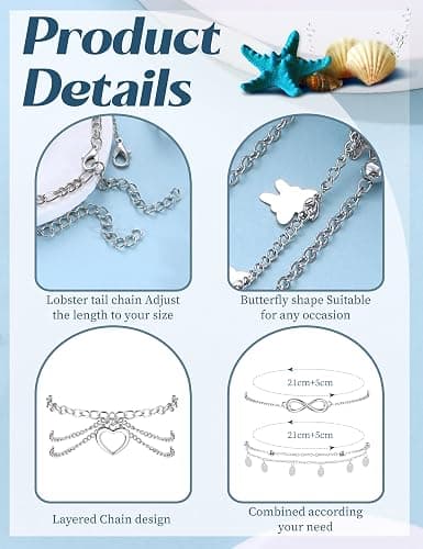 ORAZIO Toe Rings Ankle Bracelets for Women Silver Rose Gold Plated Anklet | Toe Rings Cute Layered Anklets Open Tail Rings Adjustable Non Tarnish Beach Foot Jewelry for Summer thumbnail 2