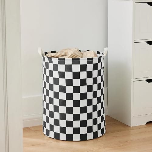 Ohocut Black White Checkered Laundry Basket, Collapsible Aesthetic Cute Canvas Organizer Hamper Basket for Storage, Toy Bins, Bedroom Clothes, Children Nursery, Gift Basket thumbnail 4