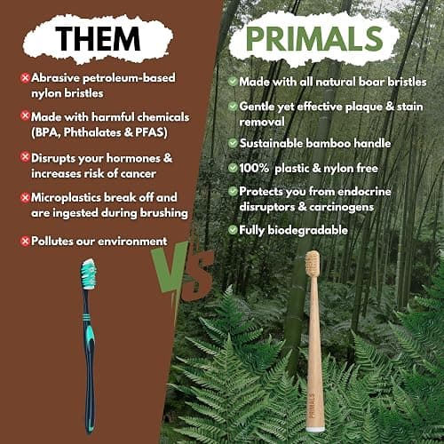 PRIMALS Boar Bristle & Bamboo Toothbrush (4-Pack) - Premium Boar Bristles - Fully Biodegradable - Plastic & Nylon Free - Quick Dry Design thumbnail 5