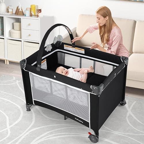 BABY JOY 3 in 1 Pack and Play, Travel Baby Crib Bassinet Bed with Bassinet, Changing Table with Safety Belt, Toy Bar, Lockable Wheels, Portable Baby Playard from Newborn to Toddler thumbnail 2