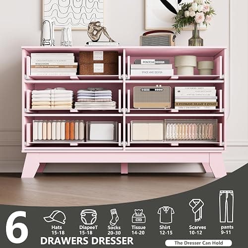 6 Drawer Dresser for Bedroom, Fluted Dressers Chest of Drawers with Gold Handle, Mid Century Modern Dresser for Closet, Wood Closet Storage Organizer Furniture for Bedroom, Living Room, Hallway, Pink thumbnail 6