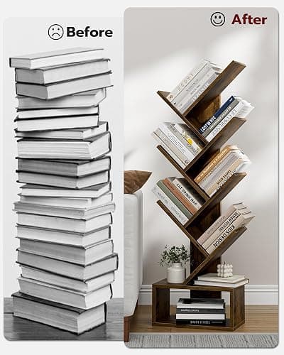 6 Tier Tree Book Shelf - Small Bookshelf Decor, Corner Bookshelf, Living Room Storage, Tall Narrow DVD & CD Shelf Storage Bookshelves, Comic Bookcases Standing for Bedroom or Office, Rustic Brown thumbnail 4