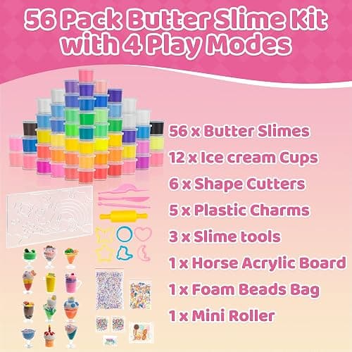 YasTant 56 Pack Butter Slime Kit for Girls and Boys Ages 3-12, Non Sticky Kids Slime Kits 3-12, Small Slime Party Favors with Charms, Cutters, and 4 Creative Playing Modes thumbnail 3