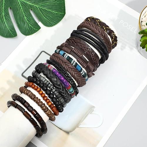 NEWITIN 36 Pieces Braided Leather Bracelets for Men Woven Cuff Wrap Bracelet Wood Beads Cuff Bangle Adjustable Wristband Bracelets Ethnic Tribal Bracelet Set for Women Men thumbnail 2
