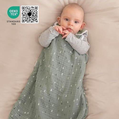 Ehrenkind® Baby Sommerschlafsack Rund Musselin | aus weicher OEKO-TEX zertifizierter Bio-Baumwolle | Sommer Baby Schlafsack Baby 1 TOG Gr. 50/56 Grau-Weiße Punkte - 50-56 - Grau-Weiße Punkte thumbnail 5