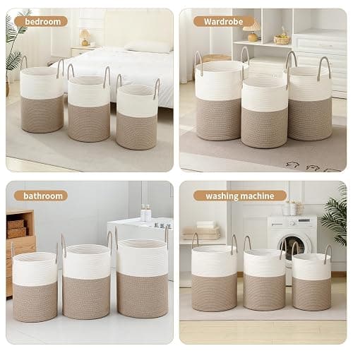 Laundry Basket Hamper Tall Rope Storage Woven for Blanket Toys Dirty Clothes in Living Room Bathroom Bedroom White & Brown 60L/15.8Gal thumbnail 4