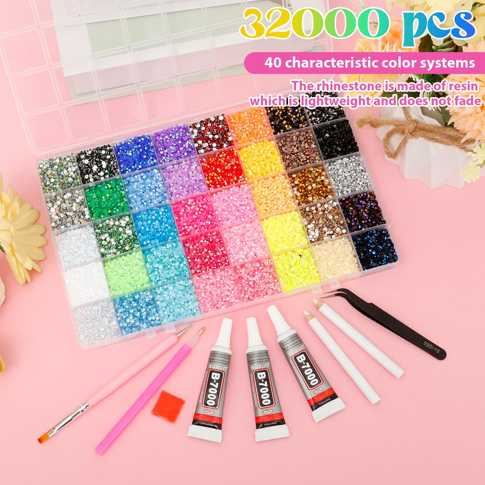 18000/32000/45000 PCS Resin Jelly Rhinestones with Tweezers,Mixed-Color 3mm Flatback Gems, Bedazzling Crystal for DIY Crafts Clothing Tumblers Mugs Shoes Fabric Nail Art for Crafting, Varied Shape (40 colors with 2× Pickup Tool) thumbnail 3
