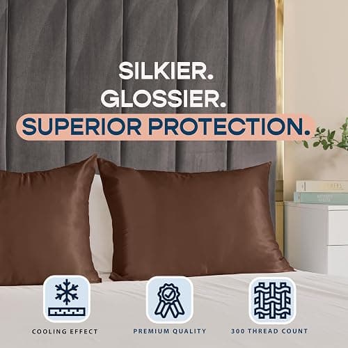 BLISSFORD Brown Satin Pillowcase with Zipper, for Hair and Skin Care, Feels Soft and Cool Like a Silk Pillowcase, Satin Pillow Cases 2 Pack, Slik Pillow Cover, Standard Size, Set of 2 thumbnail 7
