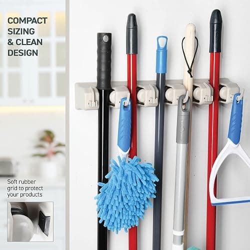 Home-it Mop and Broom Holder Wall Mount Garden Tool Storage Tool Rack Storage & Organization for the Home Plastic Hanger for Closet Garage Organizer (5-position) - 5-position, 6-Hooks - Off-White thumbnail 7