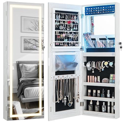 CHARMAID LED Mirror Jewelry Cabinet, Lockable Jewelry Armoire with Adjustable Lighted Full Length Mirror, 3 Lighting Sets, Wall Mounted Door Hanging Jewelry Storage Organizer (Grayish White, 42.5''H) - Image 1