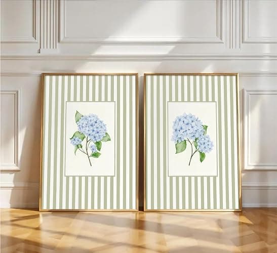 Blue Hydrangea Wall Art Sage Green Striped Rustic Farmhouse Floral Pictures Wall Decor French Country Botanical Posters Vintage Grandmillenial Flower Painting Print Artwork for Bedroom Dorm, Unframed thumbnail 8