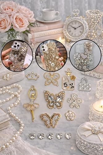 AVELICE Junk Case Large Charm Kit, White Phone Case Charms with Large Rhinestone Butterfly,Alloy Dancer&Flower, Camellia and Assorted White Floral Charms for DIY Girls & Social Media Crafting thumbnail 4