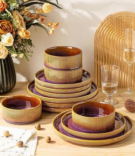 TheTerra Ceramic Dinnerware Sets for 8, 24 Pieces Porcelain Lightweight Plates and Bowls Sets, Scratch Resistant Dish Set, Oven & Microwave & Dishwasher Safe, Amber Amethyst thumbnail 4