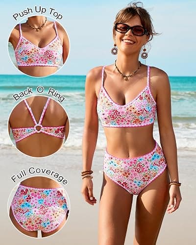 Jolefille High Waisted Bikini Sets for Women Tummy Control Swimsuit Two Piece Bathing Suit Modest Swimwear Cute Floral Teens thumbnail 5
