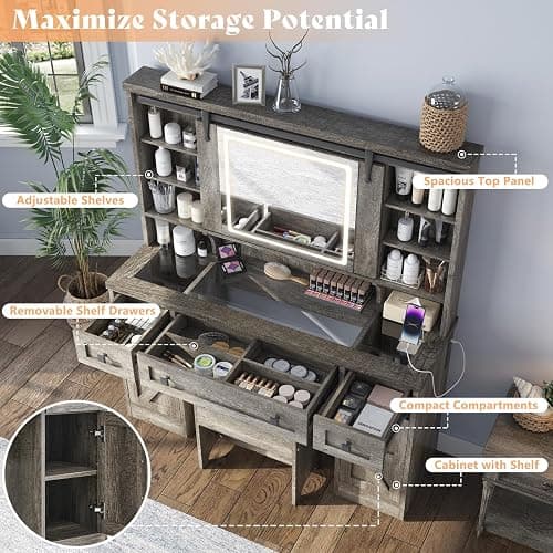 AMERLIFE 47.2" Farmhouse Vanity Desk with Mirror and Lights, Rustic Makeup Vanity Table with Charging Station, Vanity Set with Stool & Storage, LED Sliding Mirror & Glass Top, Dark Oak Finish thumbnail 5
