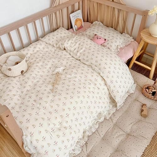 BuLuTu Muslin Cotton Toddler Duvet Cover Soft Double Layers Gauze Bedding Duvet Covers for Toddler Girls Kids Quilt Cover, 47"x59", Azalea Print (No Pillow Cases) - Image 1