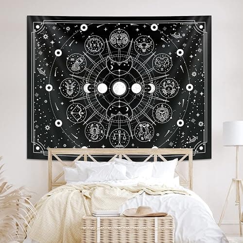 Sun Moon Zodiac Tapestry Wall Hanging, Stars Space Tarot Tapestries, Psychedelic Black and White Tapestry for Bedroom Aesthetic Home Wall Room Decor (Mysterious Zodiac 29x39 inches) thumbnail 5