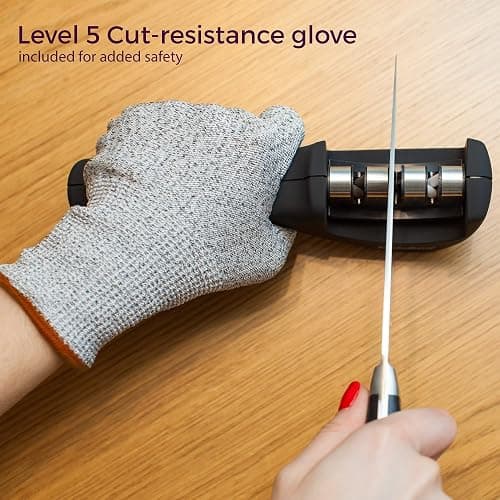 4-in-1 Kitchen Knife Accessories: 3-Stage Knife Sharpener Helps Repair, Restore, Polish Blades and Cut-Resistant Glove (Black) thumbnail 6