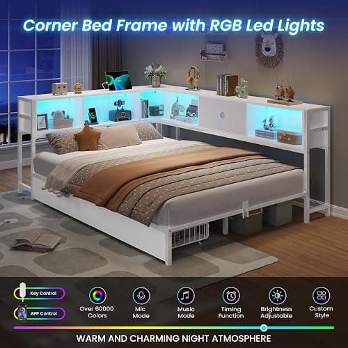 DICTAC Full Corner Bed Frame with Storage Drawers,Bookcase Headboard and Charging Station Full Size Metal Platform Corner Bed Frame with Storage and Led Lights Full Size Daybed for Teen Adult,White thumbnail 4