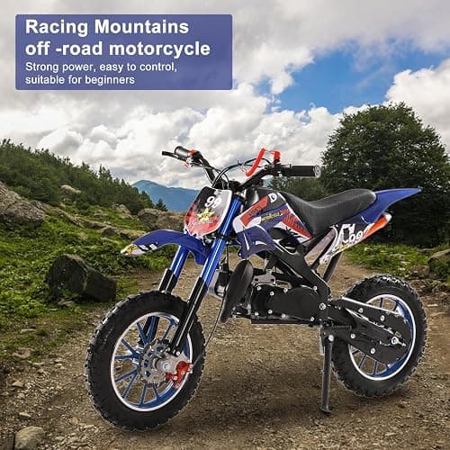 HshDUti 49cc 2-Stroke Gas Powered Motocross Dirt Bike for Kids, Off Road Mini Motorcycle With Front Rear Disc Brakes, Birthday Gifts - Blue thumbnail 2