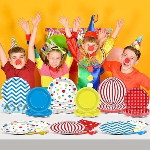 Justforjoyful 96Pcs Carnival Party Supplies Circus Theme Plates Napkins Tableware Set Red Blue Carnival Party Decorations Dinnerware for Kids Birthday Baby Shower Circus Favors Serves 24 Guests thumbnail 6