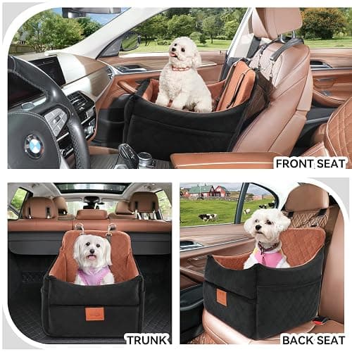 GL GLENSLAVE Dog Car Seat for Small/Medium Dogs, Dog Booster Car Seats with Thick Cushion for Dogs Under 35 lbs, Detachable Washable Pet Carseat with Storage Pockets, 2 Safety Belts(Black/Brown) thumbnail 2