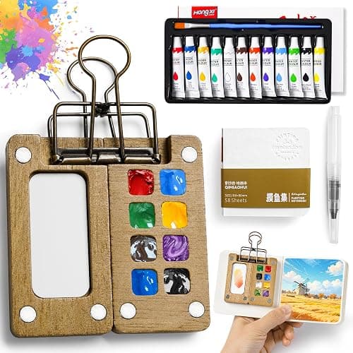 Mini Watercolor Paint set, Portable Watercolor Paint Travel Set, 12 Color Pocket Artist Watercolor Travel Kit with Picture Book, 8 Grids Portable Wooden Paint Palette for Painters, Artists, and Students - Image 1