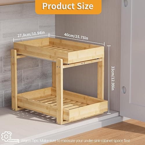 LONTAI Bamboo Wood Under Sink Organizer 2 Pack, Pull Out Cabinet Organizer 2 Tier Under Sink Organizers and Storage with Sliding Drawer Sturdy Easy Assembly for Kitchen Bathroom Undersink, Natural thumbnail 2