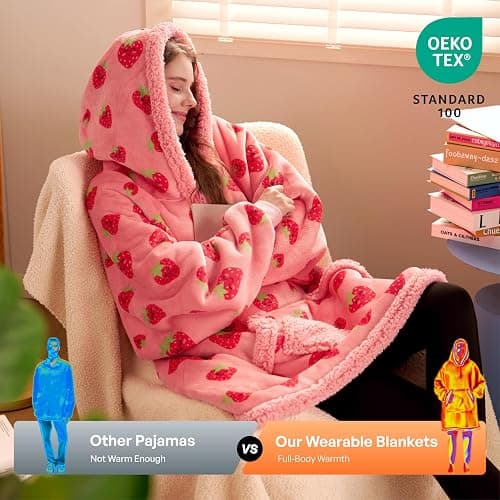 Giggling Getup Wearable Blanket Hoodie for Adults Gifts for Teen Girls Sister Women Sherpa Fleece Printed Hooded Blanket Sweatshirt Warm Cozy with Pocket & Sleeves Strawberry thumbnail 7