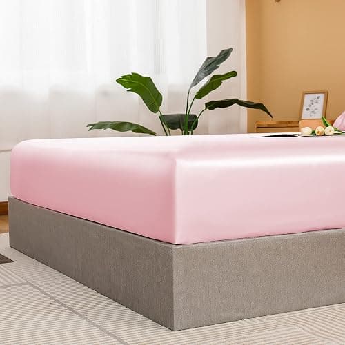 NSGZ Satin Fitted Sheet Twin, Single Silky Fitted Sheet Only Soft Deep Pocket Bottom Bed Sheets, Wrinkle Free & Fade Resistant & Breathable Bottom Sheets- Pink thumbnail 3