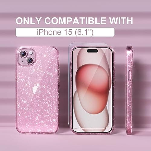 Choiche Compatible for iPhone 15 Case Women Phone Case, Cute Bling Sparkly, Military Grade Drop Protection, 2 Diamond Camera Lens Covers, 2 Tempered Glass Protectors, 6.1 inch (Glitter Pink) thumbnail 3