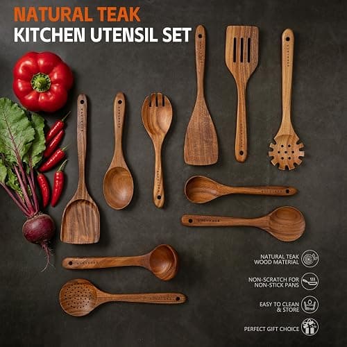 Wooden Spoons for Cooking,10 Pcs Natural Teak Wooden Kitchen Utensils Set Wooden Utensils for Cooking Wooden Cooking Utensils Wooden Spatulas for Cooking (10) thumbnail 8