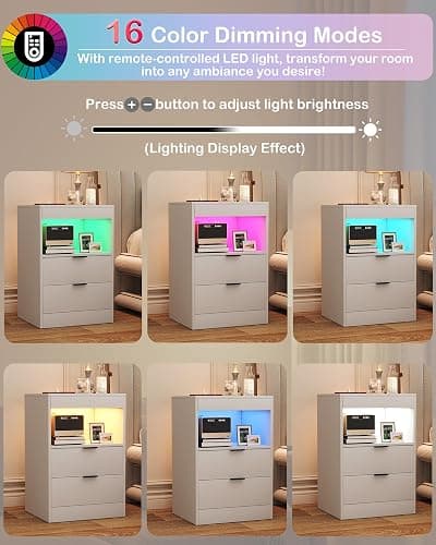 Yusong LED Nightstand Bedside Table with Charging Station 2 Drawers, White Modern Sofa Couch End Side Table with LED Lights and Pull-Out Shelf for Bedroom Living Room, Wooden thumbnail 5