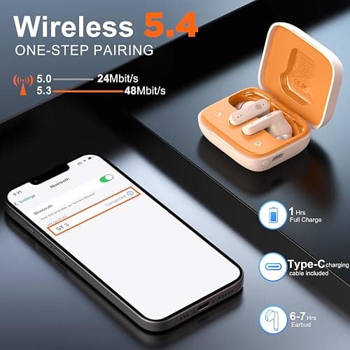 THREE PEACHES Wireless Earbuds Bluetooth 5.4 Headphones, Touch Screen, Active Noise Cancelling, USB Charging Case for iPhone/Android thumbnail 3