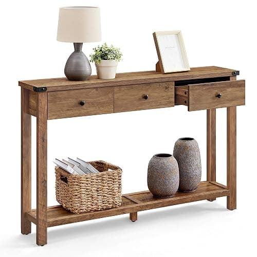 VASAGLE 47.2" Narrow Console Table with 3 Drawers and Open Storage Shelf | Long Sofa Table, 47.2 x 9.4 x 29.9 inchs, Entryway Furniture for Living Room, Honey Brown, LIRY Collection ULNT142KB02S - Image 1