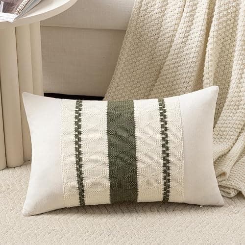 Fancy Homi Set of 1 Boho Olive Green Lumbar Decorative Throw Pillow Cover 12x20 Inch for Couch Bed Sofa Chair, Modern Organic Farmhouse Home Decor, Soft Cotton Cute Accent Rectangle Cushion Case - Image 1