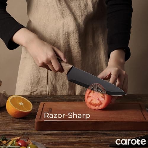CAROTE 12PCS Knife Set, Stainless Steel Kitchen Knife Set with Nonstick Ceramic Coating, 6 Knives with Blade Guards, Rustproof, Easy-Clean, Black thumbnail 2