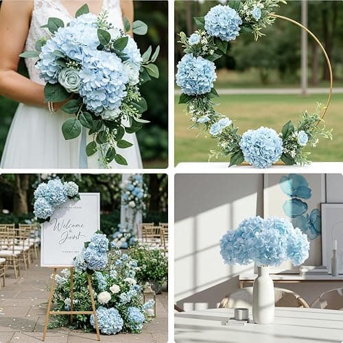Auihiay 10PCS Hydrangea Artificial Flowers, Faux Blue Flowers | for Wedding Centerpieces, DIY Bouquets, Bridal Shower, Floral Decor Home Decoration with Stems thumbnail 4