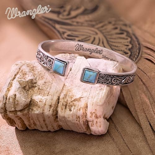 Wrangler Turquoise Cuff Bracelet, Carved Floral Western Jewelry for Women | Turquoise Jewelry for Women, Antiqued Copper Open Bangle, Polished Vintage Floral Carving, Comfortable, Wrangler Gift Box thumbnail 3