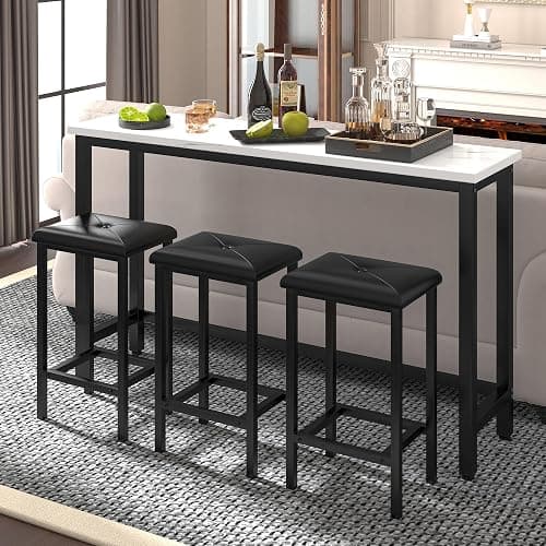 COCLUB Bar Table Set for 3, 60.2” Faux Marble Behind Couch Table Set, Modern Sofa Table with 3 Upholstered PU Stools, Space-Saving Bar Tables and Stools for Home, Apartment, Small Spaces (Black) thumbnail 4