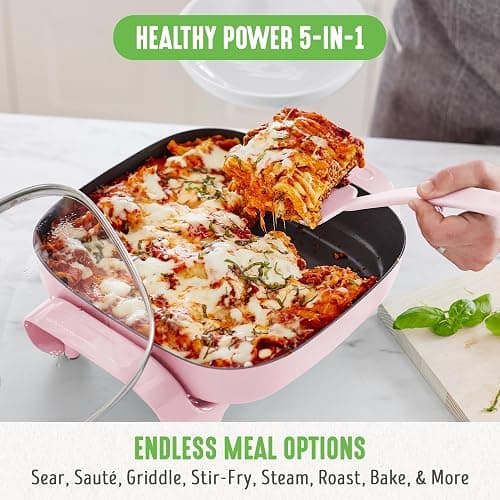 GreenLife12" 5QT Square Electric Skillet, Glass Vented Lid, Ceramic PFAS-Free Nonstick Coated Interior, Adjustable Temperature Control, Cool Touch Handles, Quick Even Heating, Scratch Resistant, Pink - Pink thumbnail 4