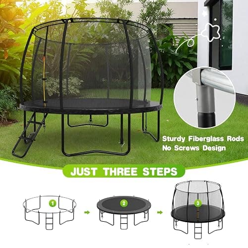 Trampoline 10FT 12FT 14FT with Enclosure and Ladder, ASTM Approved Recreational Trampolines for Kid and Adult, Outdoor Trampolines with Socks, Dart Board, Basketball Hoop for Trampoline Black thumbnail 2